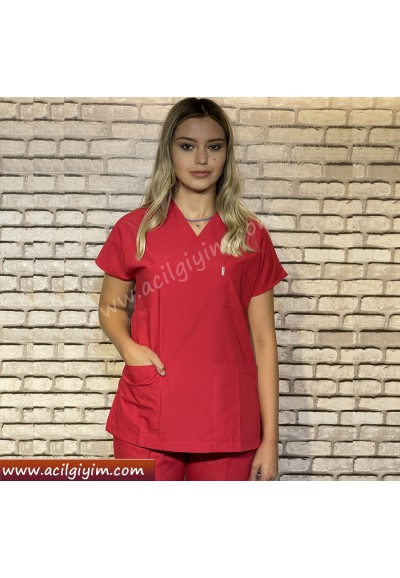 Takım (Cerrahi ) Yaka Kırmızı renk